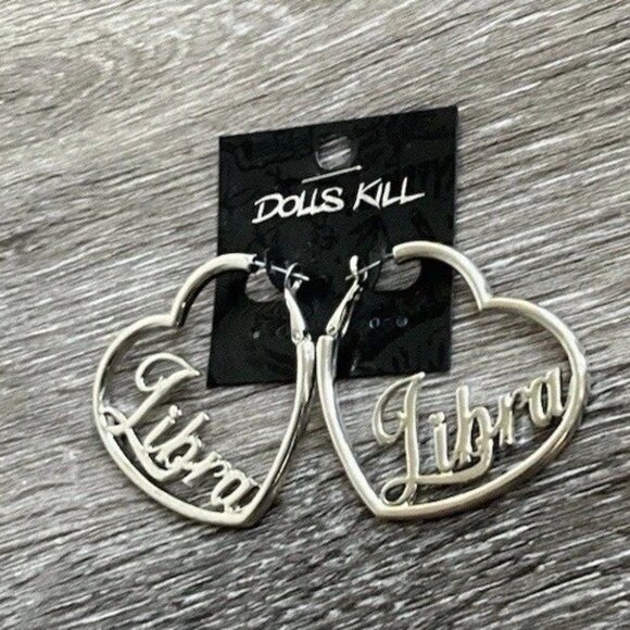Dolls Kill Libra Horoscope Heart Dangle Women’s Earrings Silver Round Punk NWT - Picture 3 of 6